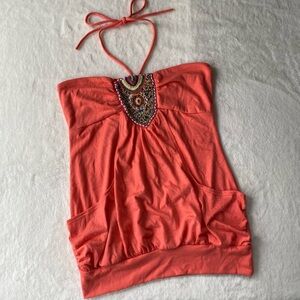 Vintage Wet Seal Halter Top with Beaded Detail coral Draped size‎ small Boho Y2K